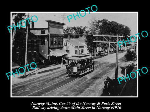 OLD LARGE HISTORIC PHOTO OF NORWAY MAINE, THE MAIN STREET & RAIL CAR c1910