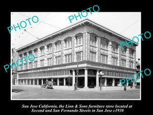 OLD LARGE HISTORIC PHOTO OF SAN JOSE CALIFORNIA, THE LION FURNITURE STORE c1930