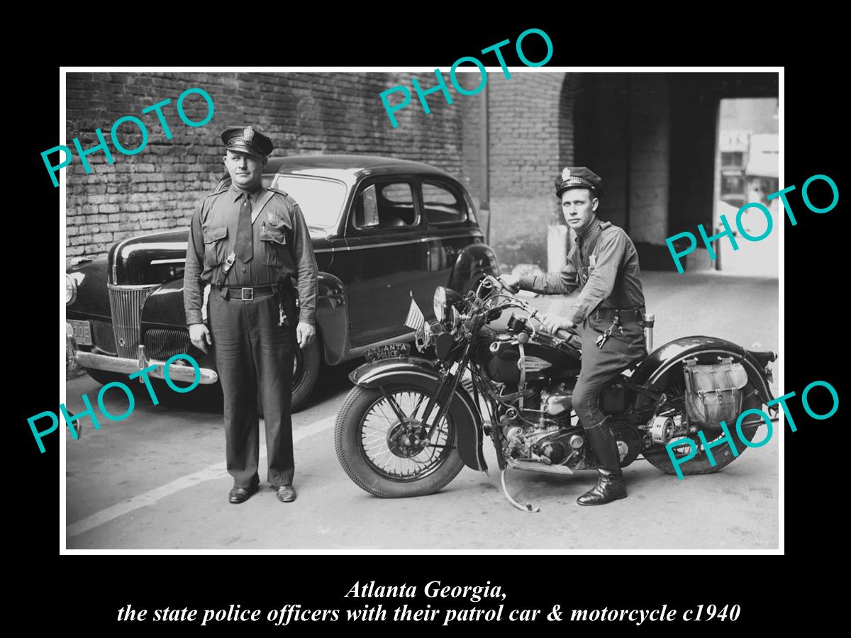 OLD LARGE HISTORIC PHOTO OF ATLANTA GEORGIA, POLICE PATROL CAR & MOTORCYCLE 1940