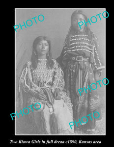 OLD LARGE HISTORIC PHOTO OF INDIAN KIOWA TRIBE GIRLS IN FULL DRESS, KANSAS c1890