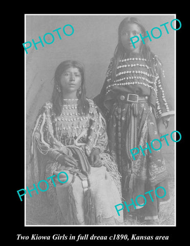 OLD LARGE HISTORIC PHOTO OF INDIAN KIOWA TRIBE GIRLS IN FULL DRESS, KANSAS c1890