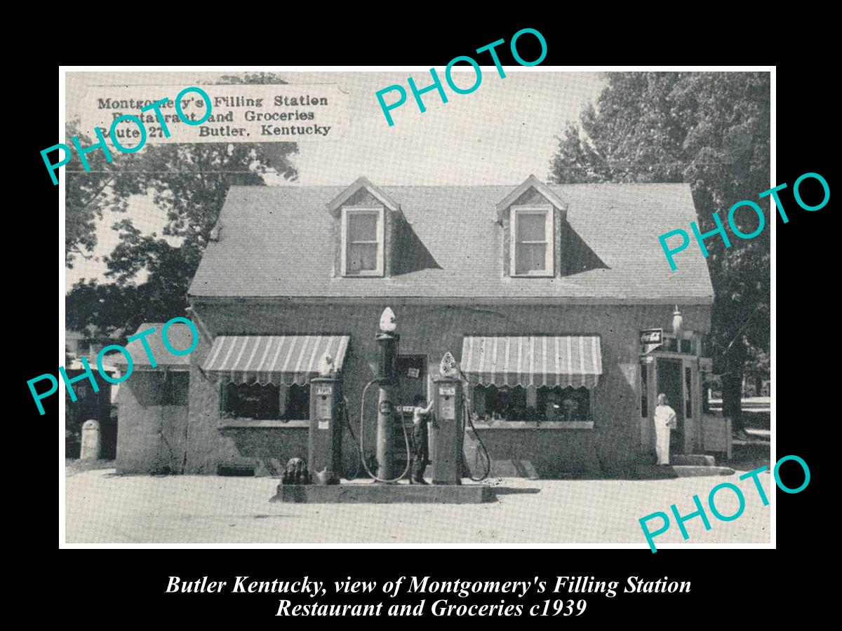 OLD LARGE HISTORIC PHOTO OF BUTLER KENTUCKY, MONTGOMERYS SERVICE STATION c1939