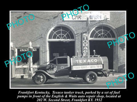 OLD LARGE HISTORIC PHOTO OF FRANKFORT KENTUCKY, TEXACO TRUCK & GAS STATION c1932