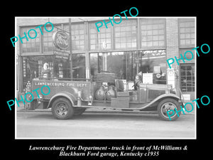 OLD LARGE HISTORIC PHOTO OF LAWRENCEBURG KENTUCKY, FIRE TRUCK & GAS STATION 1935