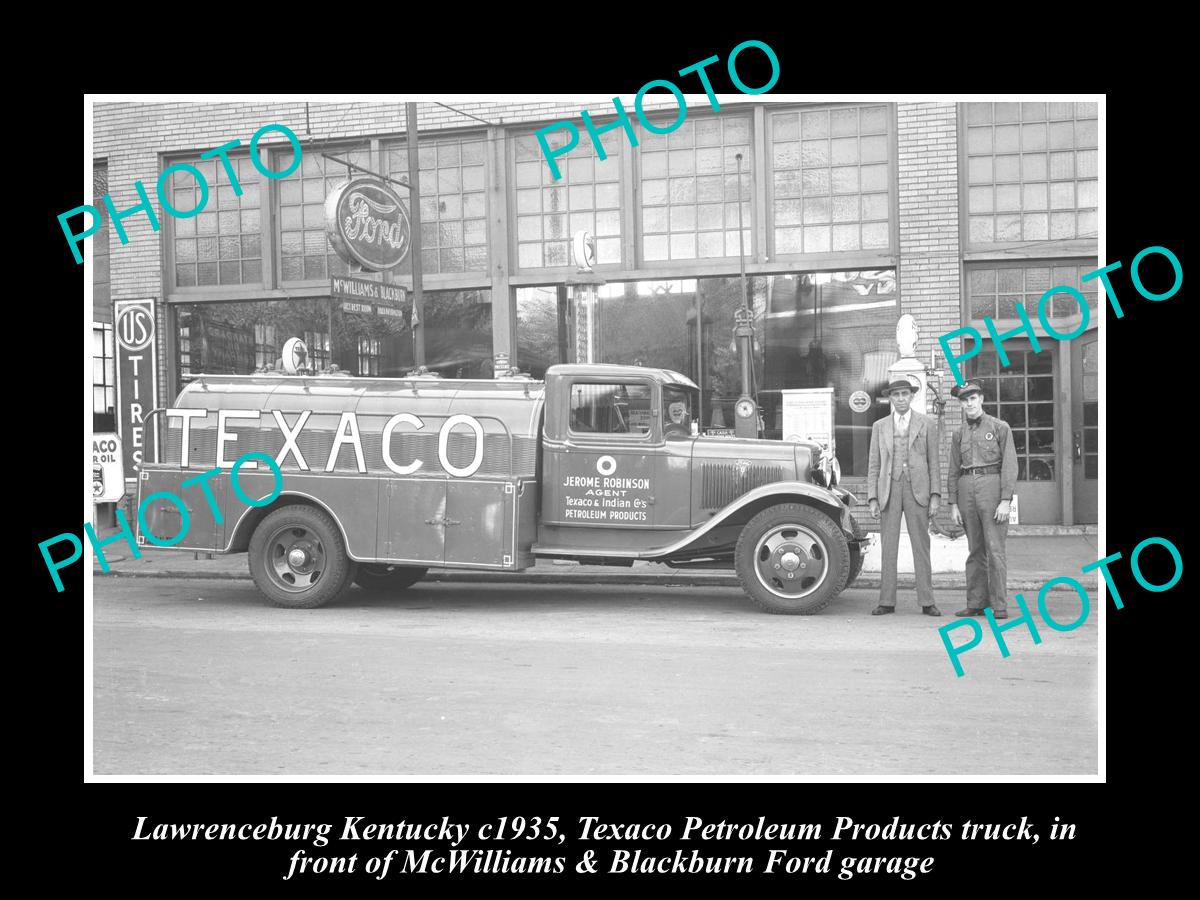 OLD LARGE HISTORIC PHOTO OF LAWRENCEBURG KENTUCKY, TEXACO TRUCK AT STATION 1935