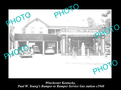 OLD LARGE HISTORIC PHOTO OF WINCHESTER KENTUCKY, BUMPER-BUMPER GAS STATION 1940