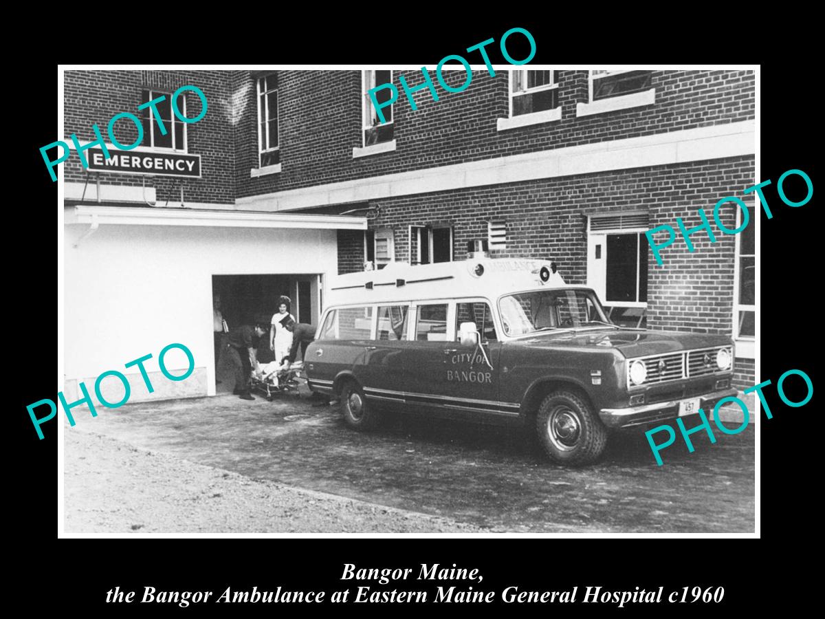 OLD LARGE HISTORIC PHOTO OF BANGOR MAINE, THE MAINE HOSPITAL AMBULANCE c1960