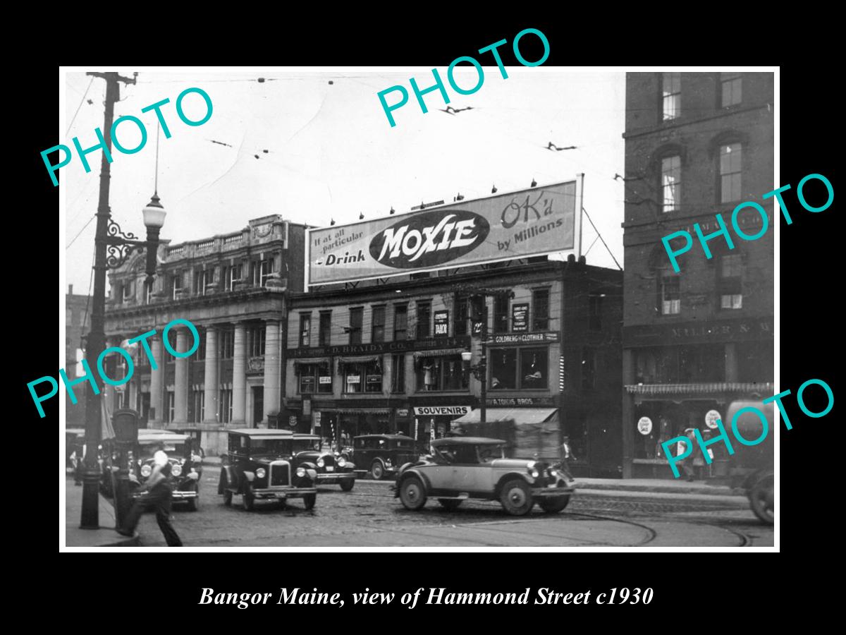 OLD LARGE HISTORIC PHOTO OF BANGOR MAINE, VIEW OF HAMMOND St, MOXIE SIGN c1930