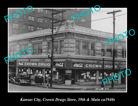 OLD LARGE HISTORIC PHOTO OF KANSAS CITY CROWN DRUG STORE c1940s Crn MAIN & 39th