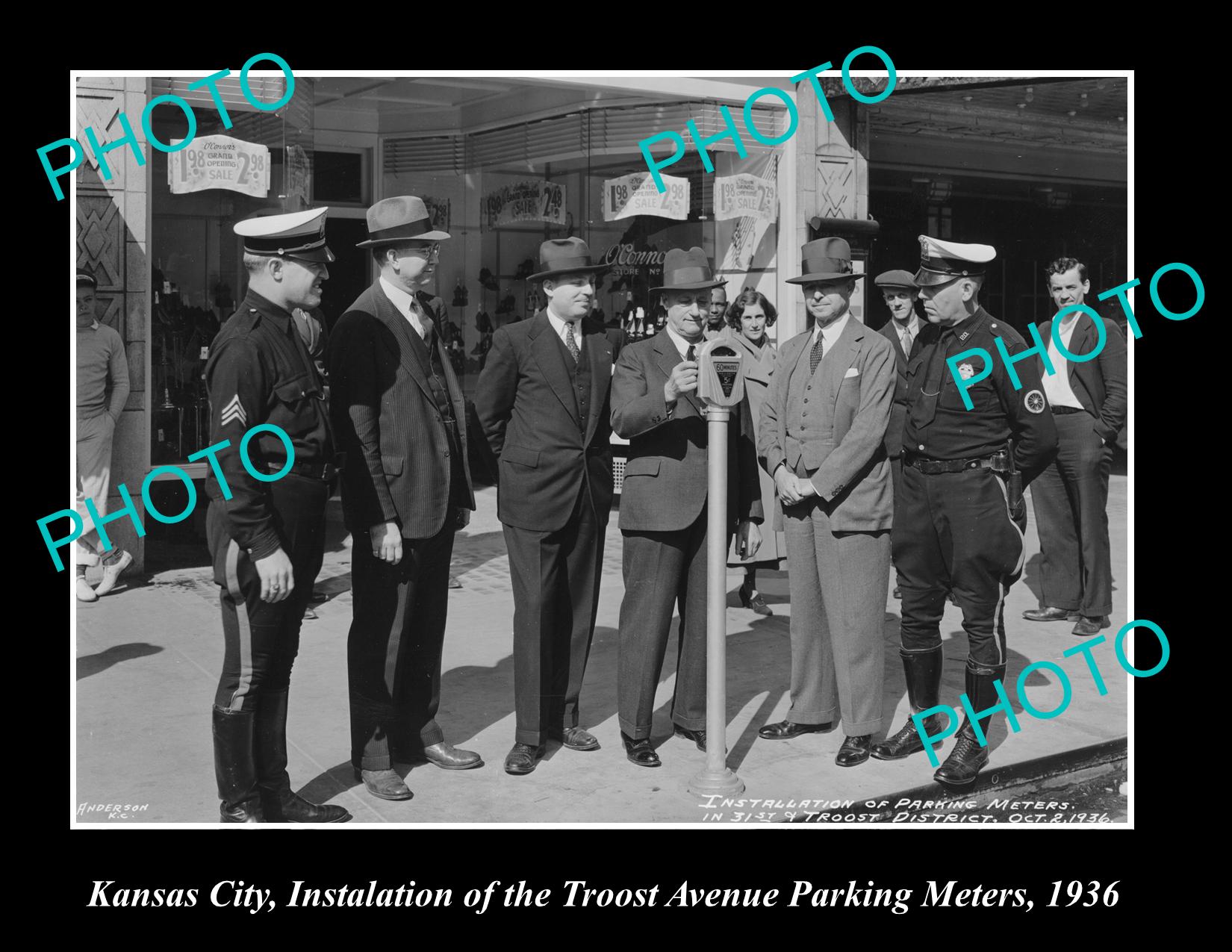 OLD LARGE HISTORIC PHOTO OF KANSAS CITY, THE NEW TROOST Ave PARKING METRES 1936