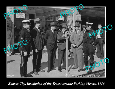 OLD LARGE HISTORIC PHOTO OF KANSAS CITY, THE NEW TROOST Ave PARKING METRES 1936