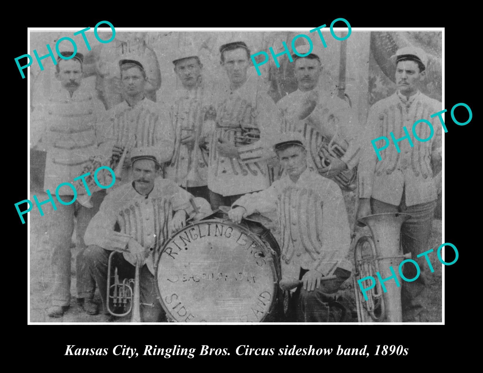 OLD LARGE HISTORIC PHOTO OF KANSAS CITY, RINGLING BROTHERS CIRCUS BAND 1890