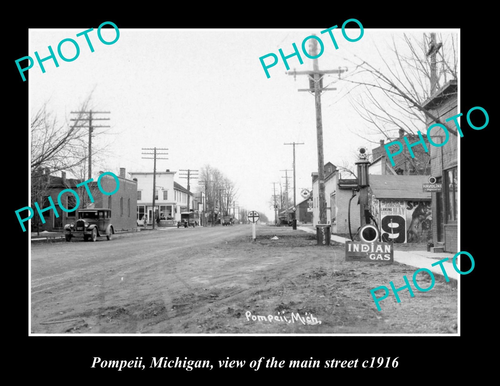 OLD LARGE HISTORIC PHOTO OF POMPEII MICHIGAN, VIEW OF MAIN STREET c1916