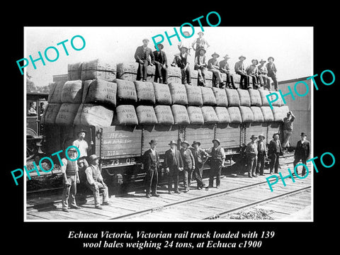 OLD LARGE HISTORIC PHOTO OF ECHUCA VICTORIA, RAIL TRUCK LOADED WITH WOOL c1900