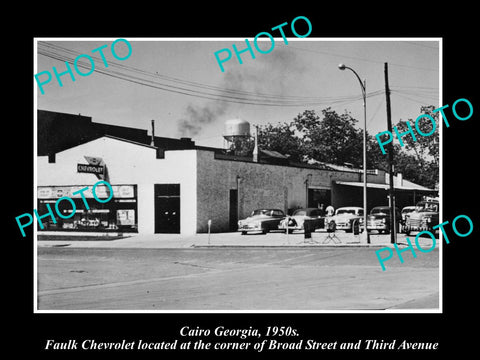 OLD LARGE HISTORIC PHOTO OF CAIRO GEORGIA, THE FALK CHEVROLET MOTOR GARAGE c1950