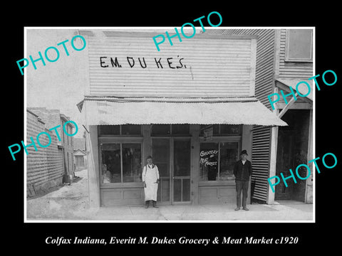 OLD LARGE HISTORIC PHOTO OF COLFAX INDIANA, THE DUKES MEAT & GROCERY MARKET 1920