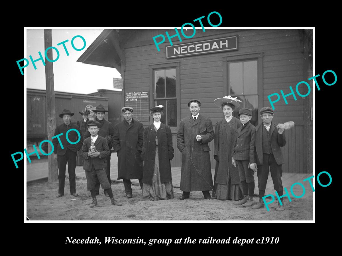 OLD LARGE HISTORIC PHOTO OF NECEDAH WISCONSIN, THE RAILROAD DEPOT STATION 1910