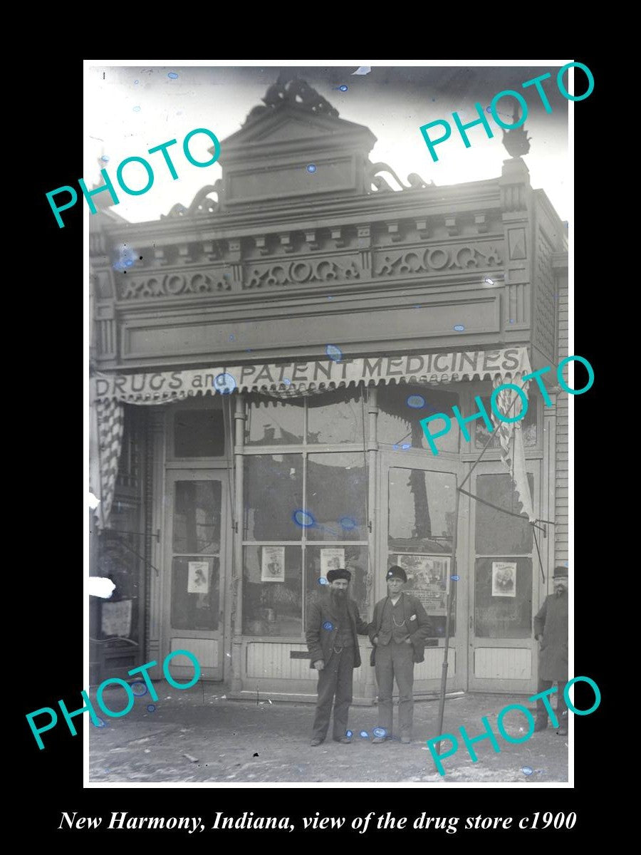 OLD LARGE HISTORIC PHOTO OF NEW HARMONY INDIANA, VIEW OF THE DRUG STORE c1900