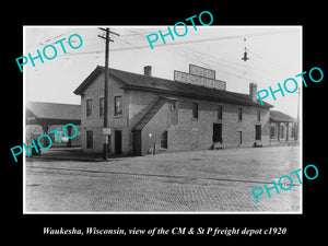 OLD LARGE HISTORIC PHOTO OF WAUKESHA WISCONSIN, THE CM&StP FREIGHT DEPOT c1920