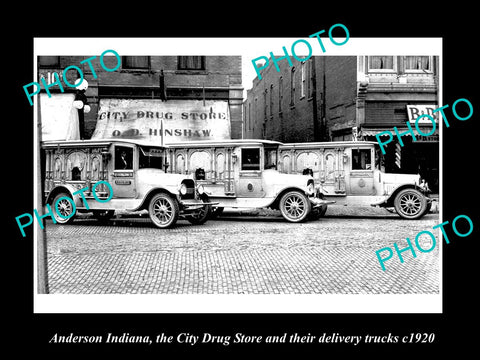 OLD LARGE HISTORIC PHOTO OF ANDERSON INDIANA, THE CITY DRUG STORE & TRUCKS c1920