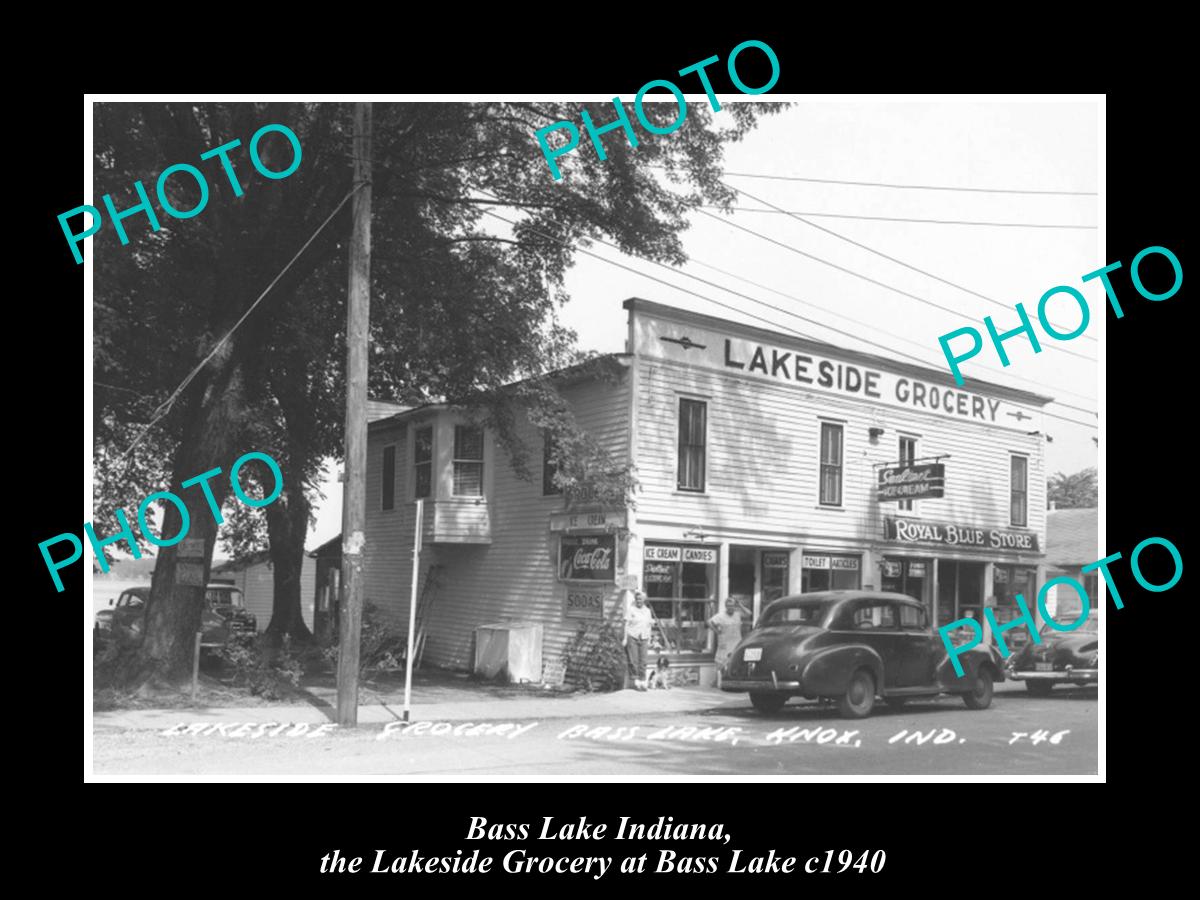 OLD LARGE HISTORIC PHOTO OF BASS LAKE INDIANA, THE LAKESIDE GROCERY STORE c1940