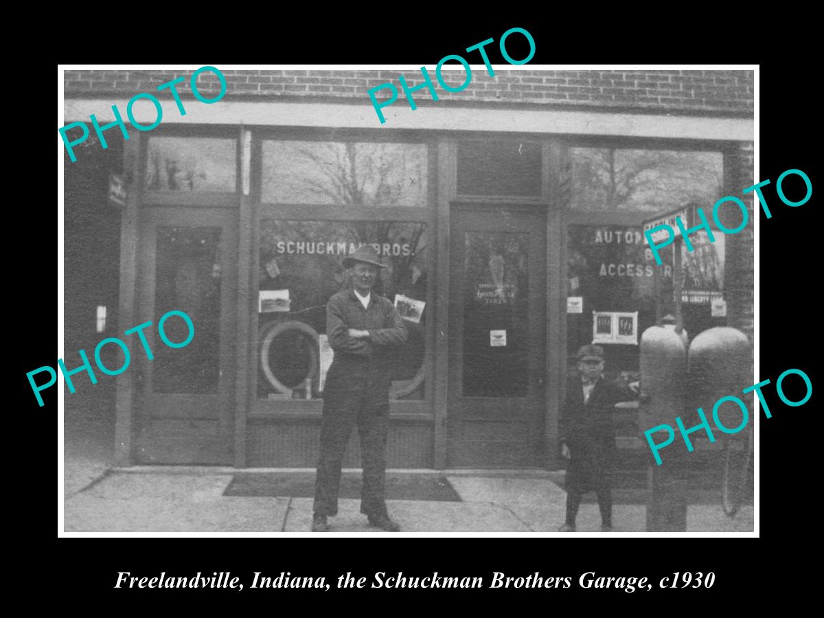 OLD LARGE HISTORIC PHOTO OF FREELANDVILLE INDIANA, SHUCKMAN MOTOR GARAGE c1930