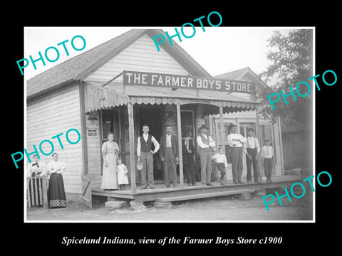 OLD LARGE HISTORIC PHOTO OF SPICELAND INDIANA, THE FARMERS BOYS STORE c1900