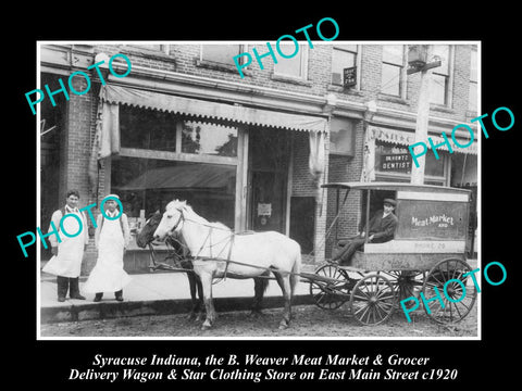 OLD LARGE HISTORIC PHOTO OF SYRACUSE INDIANA, THE WEAVER MEAT MARKET WAGON c1920