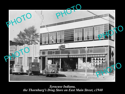 OLD LARGE HISTORIC PHOTO OF SYRACUSE INDIANA, THE THORNBURGS DRUG STORE c1940