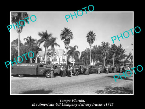 OLD LARGE HISTORIC PHOTO OF TAMPA FLORIDA, THE AMOCO OIL TRUCKS c1945