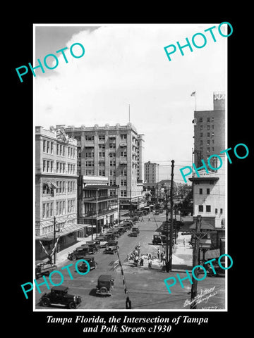 OLD LARGE HISTORIC PHOTO OF TAMPA FLORIDA, CORNER OF TAMPA & POLK ST c1930