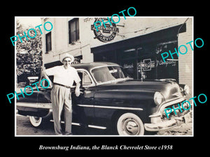 OLD LARGE HISTORIC PHOTO OF BROWNSBURG INDIANA, THE BLANCK CHEVROLET STORE c1958