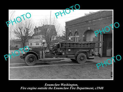 OLD LARGE HISTORIC PHOTO OF ENUMCLAW WASHINGTON, THE FIRE DEPARTMENT TRUCK c1940