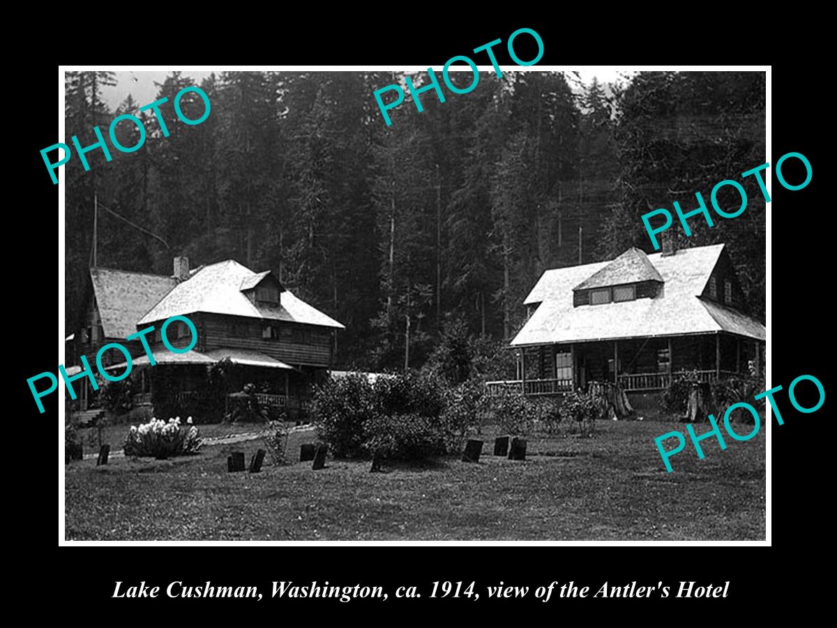 OLD LARGE HISTORIC PHOTO OF LAKE CUSHMAN, WASHINGTON, VIEW OF ANTLERS HOTEL 1914