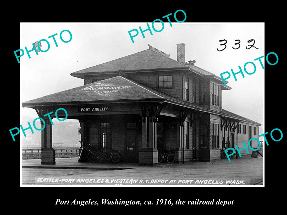 OLD LARGE HISTORIC PHOTO OF PORT ANGELES WASHINGTON, THE RAILROAD DEPOT c1916