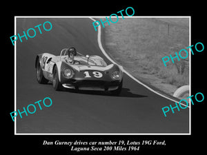 OLD HISTORIC PHOTO OF DAN GURNEY & HIS LOTUS FORD RACE CAR, LEGUNA SECA 1964