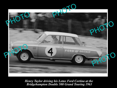 OLD HISTORIC PHOTO OF HENRY TAYLOR, LOTUS FORD CORTINA CAR, BRIDGEHAMPTON 1963