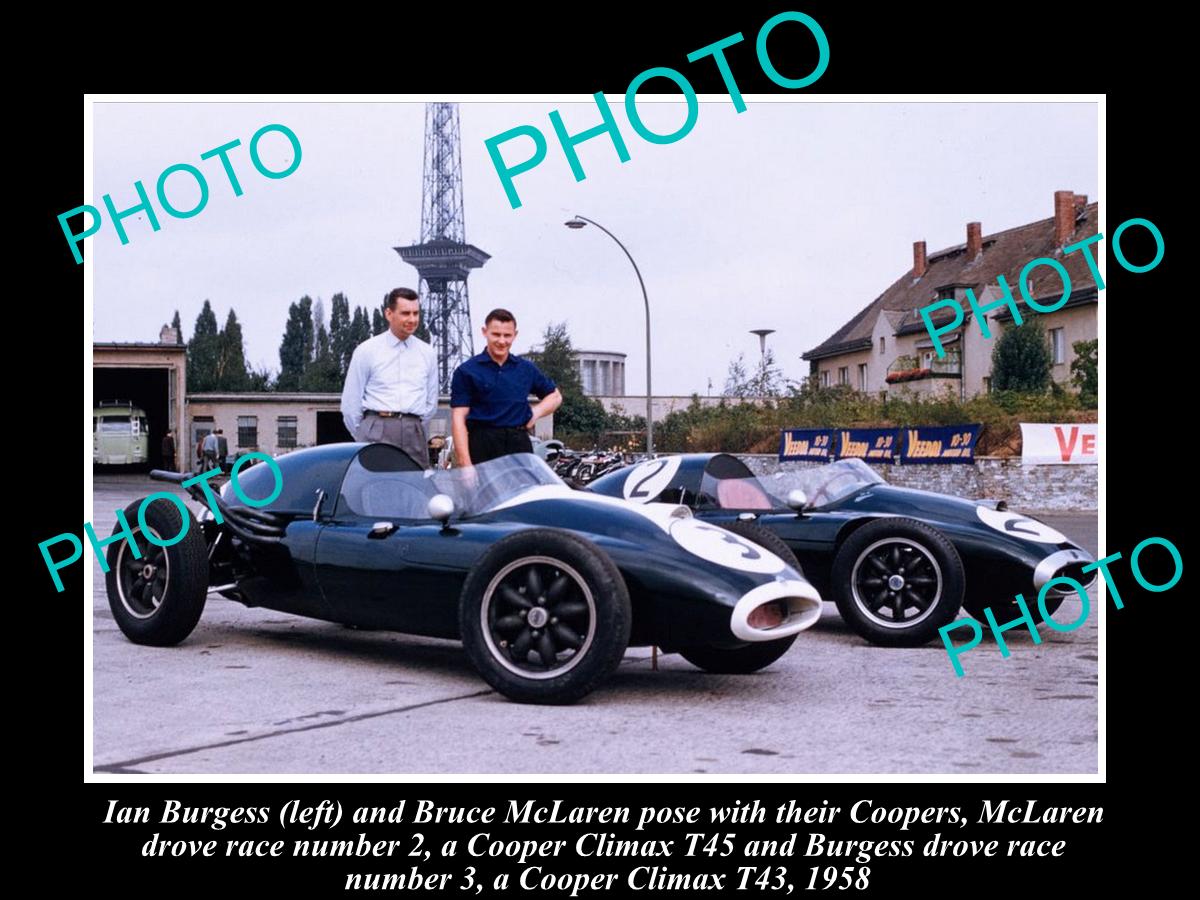 OLD HISTORIC PHOTO OF BRUCE McLAREN & BURGESS WITH THEIR COOPER RACE CARS 1958