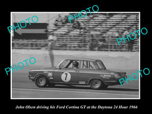 OLD LARGE HISTORIC PHOTO OF JOHN OLSEN DRIVING HIS FORD CORTINA GT RACE CAR 1966