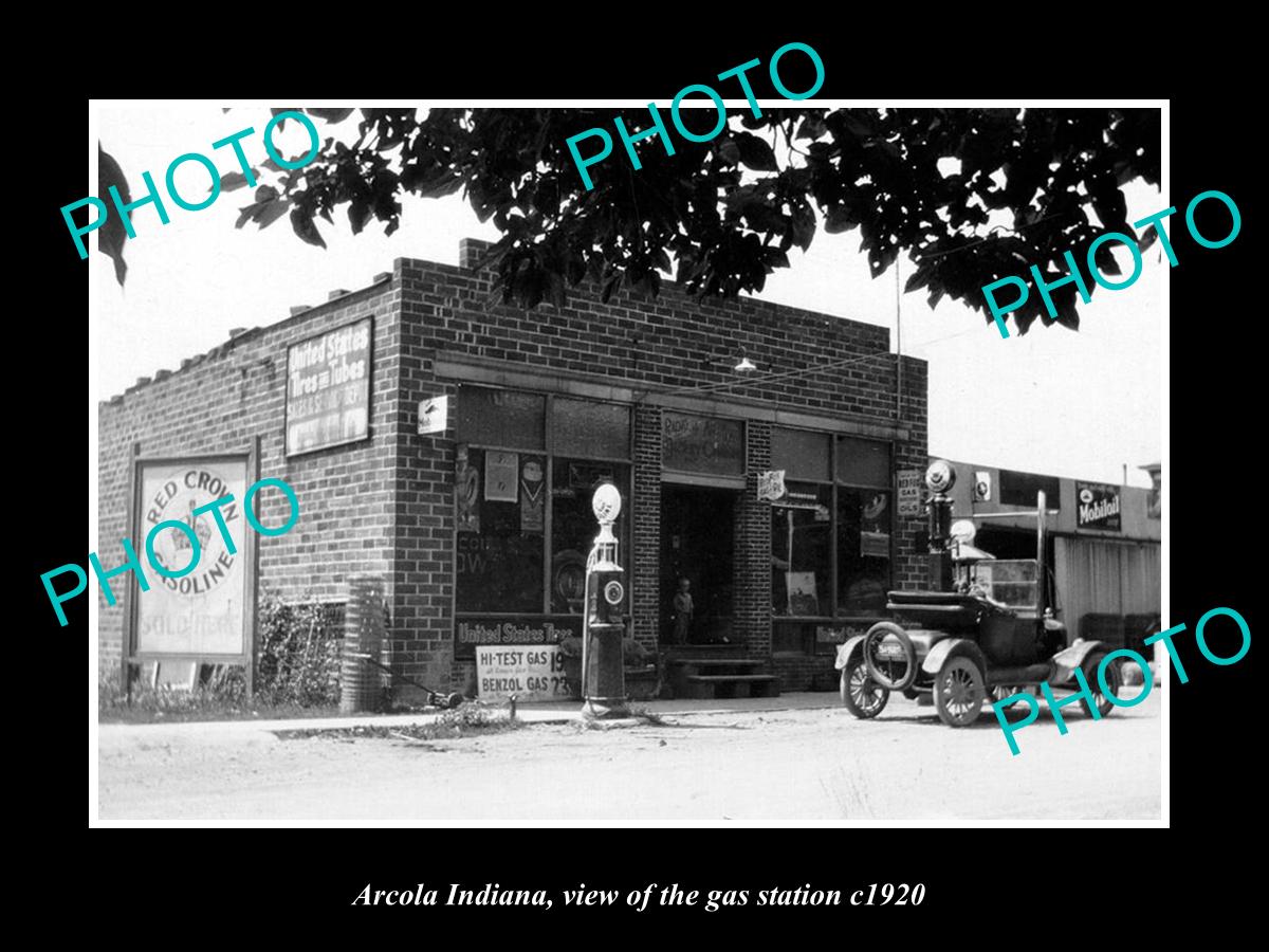 OLD LARGE HISTORIC PHOTO OF ARCOLA INDIANA, THE RED CROWN GAS STATION c1920