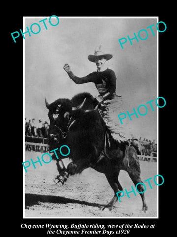 OLD HISTORIC PHOTO OF CHEYENNE WYOMING, BUFFALO RIDING AT FRONTIER DAYS c1920