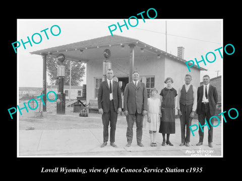 OLD LARGE HISTORIC PHOTO OF LOVELL WYOMING, THE CONOCO SERVICE STATION c1935