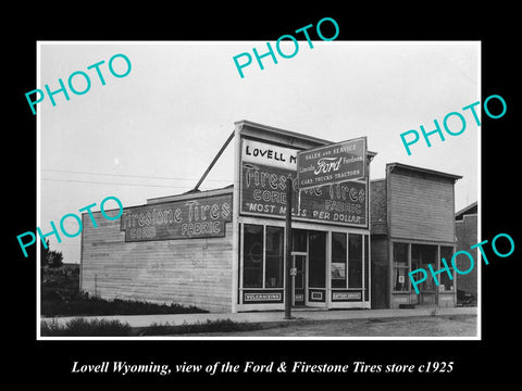 OLD LARGE HISTORIC PHOTO OF LOVELL WYOMING, THE FORD & FIRESTONE TIRE STORE 1925