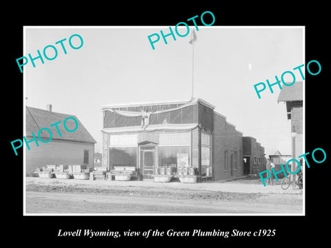 OLD LARGE HISTORIC PHOTO OF LOVELL WYOMING, THE GREENS PLUMBING STORE c1925