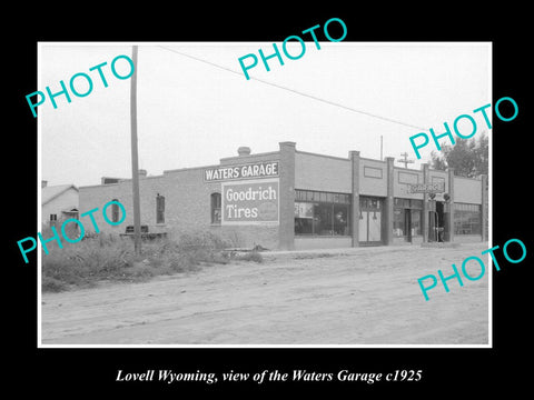 OLD LARGE HISTORIC PHOTO OF LOVELL WYOMING, VIEW OF WATERS MOTOR GARAGE c1925