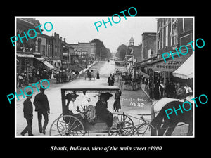 OLD LARGE HISTORIC PHOTO OF SHOALS INDIANA, VIEW OF THE MAIN STREET c1900