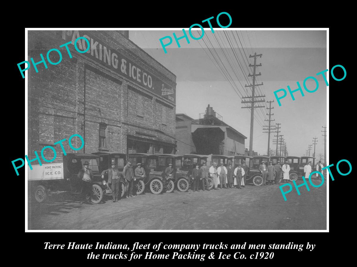 OLD LARGE HISTORIC PHOTO OF TERRE HAUTE INDIANA, THE HOME & ICE Co TRUCKS c1920