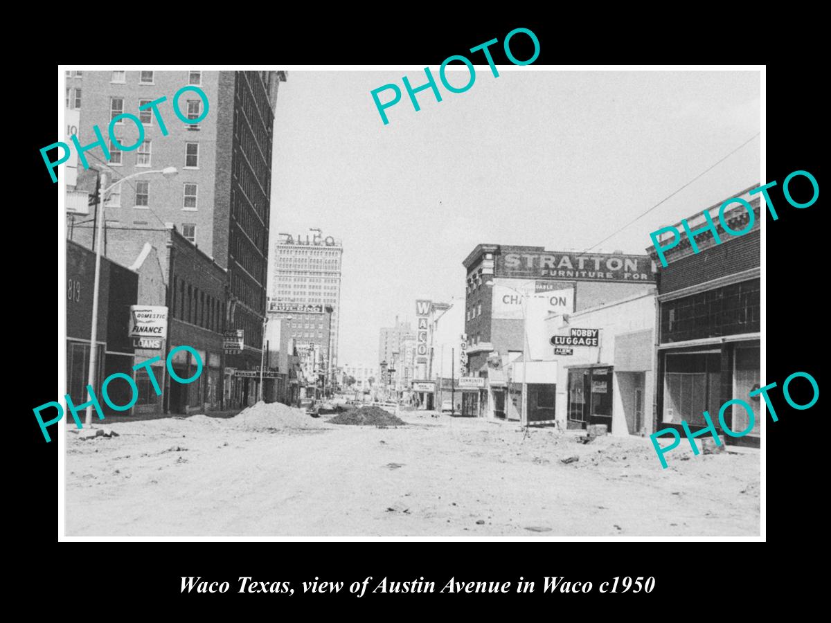 OLD LARGE HISTORIC PHOTO OF WACO TEXAS, VIEW OF AUSTIN AVENUE c1950