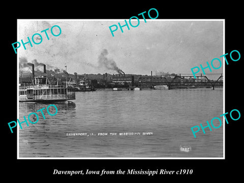 OLD LARGE HISTORIC PHOTO OF DAVENPORT IOWA, TOWN VIEW FROM MISSISSIPPI Rv c1910