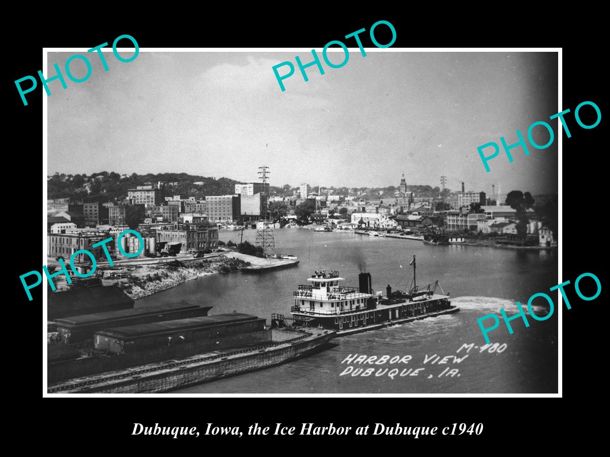 OLD LARGE HISTORIC PHOTO OF DUBUQUE IOWA, VIEW OF THE TOWN & HARBOR c1940 1